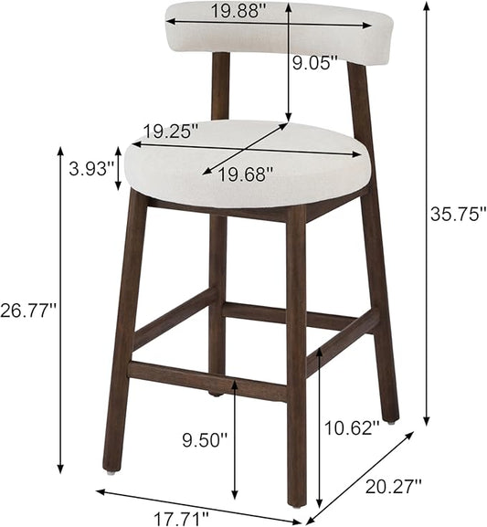 Christopher Knight Home Annes Counter Height Bar Stools Set of 2, Linen Fabric Round Bar Stool for Kitchen Island, Wooden Dining Room Chair, Counter Stool with Footrest, Walnut+Milky White