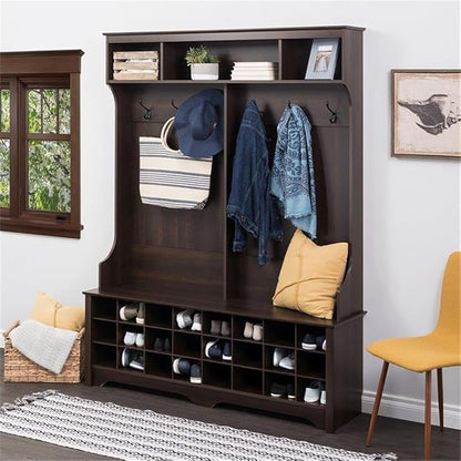 Prepac Brown Hall Tree, Shoe Cabinet, Storage Cabinet with 24 Shoe Cubbies and 6 Double Coat Hooks 15.5" D x 60" W x 77" H