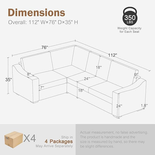 ABCASA 112" Convertible Sectional Sofa, Large L Shaped Couch with Detachable Sofa Cover, Modular Couch for Living Room, Breathable Linen Fabric Corner Sofa for Apartment, Grey
