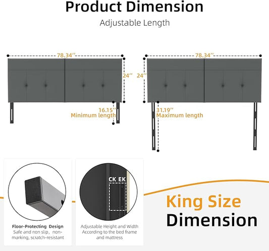 King Headboard Only with Adjustable Metal Legs, Faux Leather Upholstered Headboard King Size, Modern Stylish Headboard with Sunken Dot Design, Sturdy Bed Headboard for Bedroom, Gray