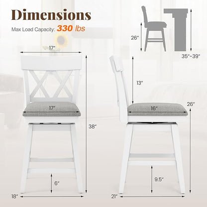 COSTWAY Bar Stool Set of 3 for Kitchen Island, 26" Counter Height Chair with Ergonomic Backrest, Foot Rest, Padded Seat & Solid Wood Structure, 360°Swivel Farmhouse Barstool with Back