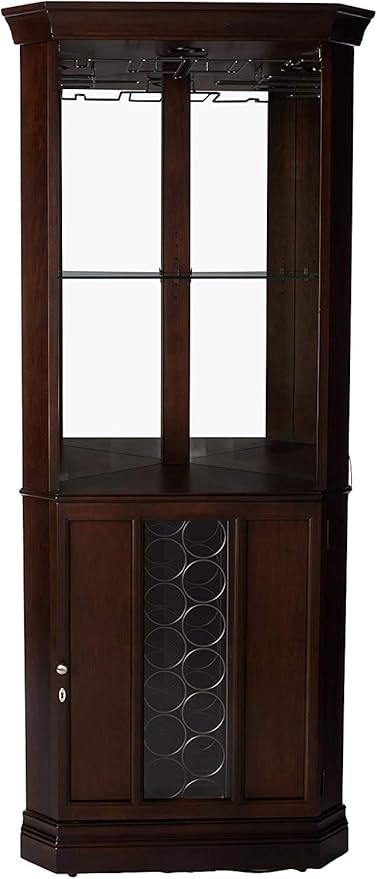 Howard Miller Piedmont III Corner Bar Cabinet – Traditional Espresso Home Bar Storage with Glass Door Bottle Organizer Adjustable Lighting & Space-Saving Design USA Made Luxury Bar Cabinet