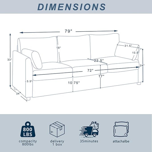 79 inch Sofa for Living Room,Mid Century Modern Couch with Big Pockets, Corduroy Couch with Three Cushions and Solid Wood Frame for Apartment and Small Spaces (Beige, Sofa)
