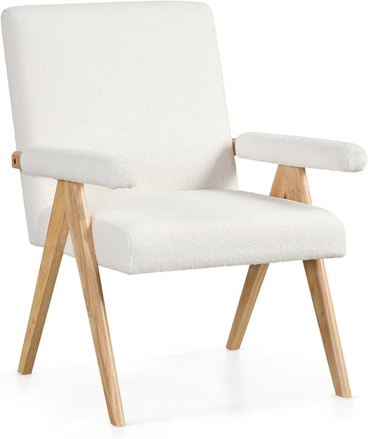 Giantex Mid-Century Modern Accent Chair, Sherpa Fabric Reading Chair with Padded Armrests, Solid Rubber Wood Frame, Upholstered Side Arm Chair for Living Room, Bedroom, Office, Beige