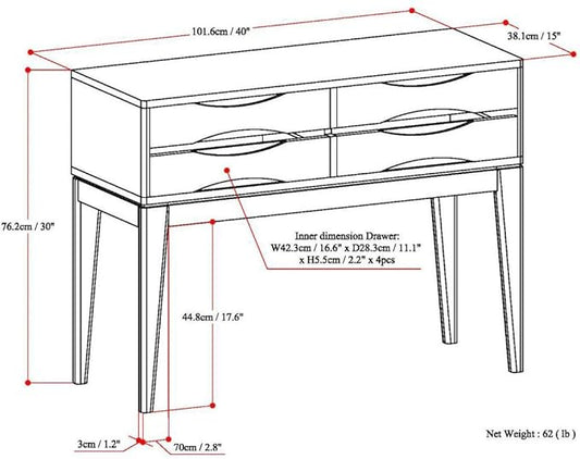 SIMPLIHOME Harper Console Table - 40 Inch Wide Solid Hardwood Sofa Table in Walnut Brown, Mid-Century Modern Storage Table for Entryway or Living Room with 4 Drawers, Notched Handles, and Tapered Legs