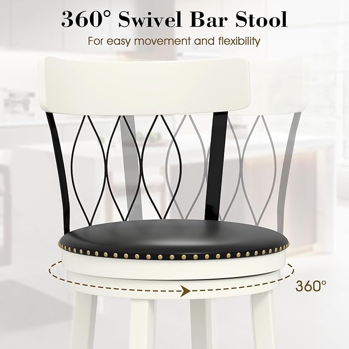 COSTWAY Bar Stools Set of 4, 26” Seat Height Swivel Barstools with Ergonomic Backrest, Soft Cushion & Footrest, Rubber Wood Counter Height Bar Chairs Upholstered Dining Chairs for Kitchen Island