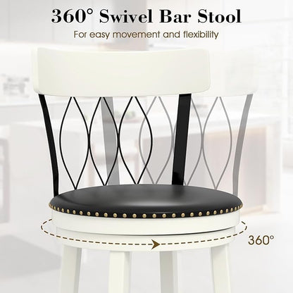 COSTWAY Bar Stools Set of 2, 26” Seat Height Swivel Barstools with Ergonomic Backrest, Soft Cushion & Footrest, Rubber Wood Counter Height Bar Chairs Upholstered Dining Chairs for Kitchen Island