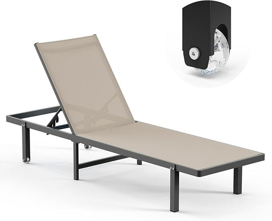 Pool Lounge Chairs, Chaise Lounge Outdoor with Wheels and 5-Position Recliner -Easy to Move- Aluminum Patio Lounge Chair for Poolside, Deck (Khaki)