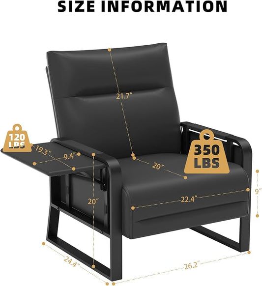 Faux Leather Accent Chair with Flip Up Tray Table Soft Backrest Side Pocket for Living Room Office Bedroom Leather Accent Chair, Black