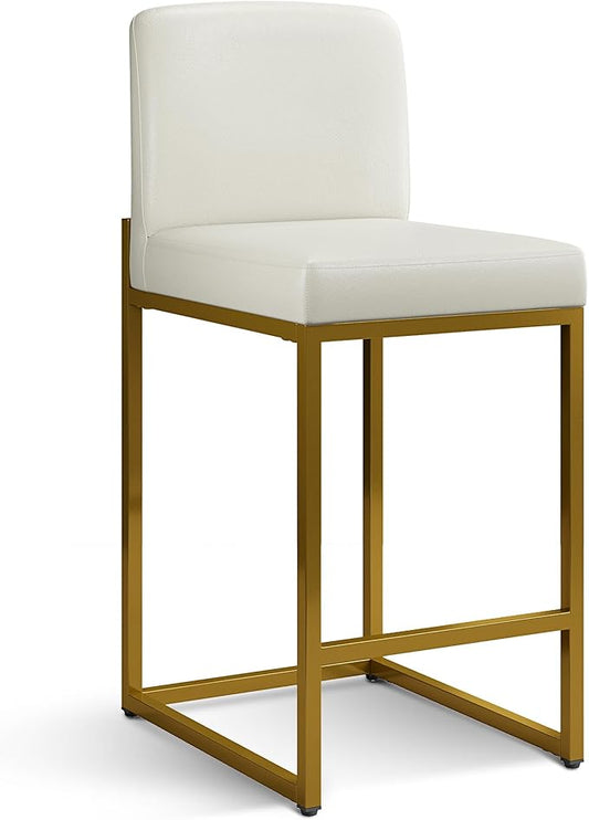ALPHA HOME 24 Inch Bar Stools, Kitchen Counter Stools with Backs, PU Leather Barstools, White Bar Stools with Upholstered Footrest, Sturdy Chromed Metal Steel Frame, White