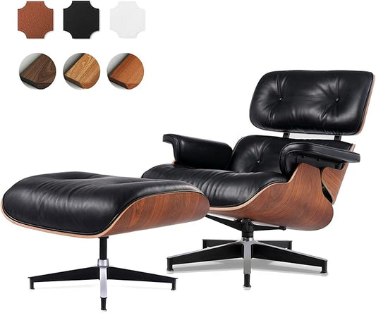 Top Black Grain Leather, Mid Century Chaise Lounge Chair and Ottoman, Accent Chair, Modern Chair, Classic Design, Heavy Duty Base Support for Living Room Lounge Office, Palisander, Heightening