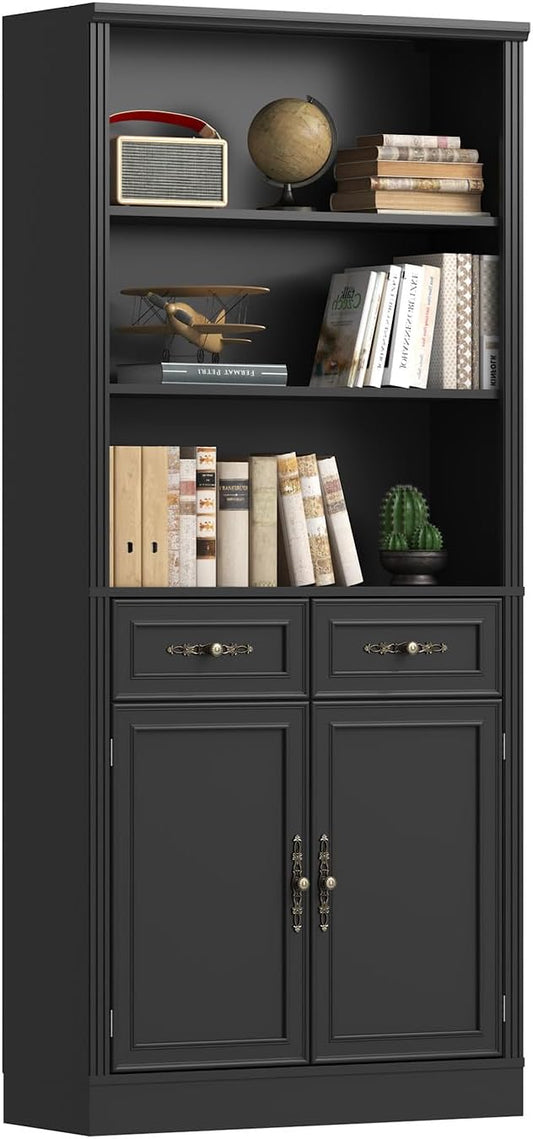 72'' Tall Bookcase with Doors and Drawers, Adjustable Shelves, P2 MDF Construction, 32'' Wide Freestanding Cabinet with Metal Handles, Hidden Storage for Living Room, Bedroom, Black