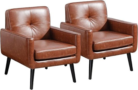 Accent Chair Set of 2, PU Leather Modern Chair with Wooden Frame, Cozy Armchair Reading Chair with Comfy Back for Apartment, Living Room, Bedroom, Waiting Room, Small Space, Corner, Brown