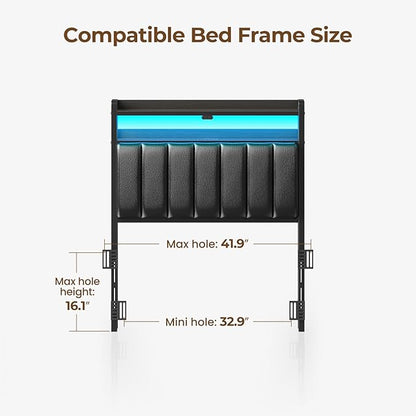 Rolanstar Headboard for Twin Size Bed with Storage, 60,000 DIY Color of LED Light, Head Board with USB & Type C Port, Height Adjustable, Black Upholstered Cabeceras de Cama Comfortable Modern, Leather