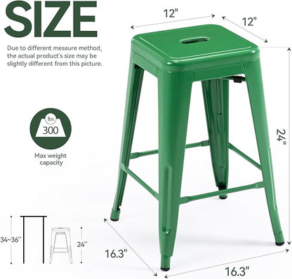 Vogue Furniture Direct 24 Inch Metal Bar Stools, Backless Counter Height Barstools, Indoor Outdoor Stackable Stools with Square Seat, Set of 4 (Green)