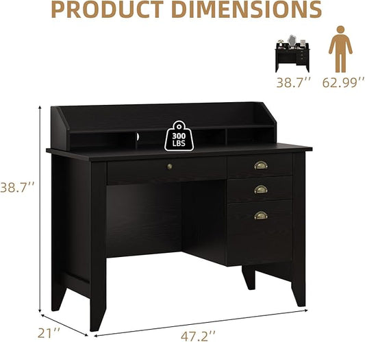 4 EVER WINNER Black Desk with Drawers, Small Desk with File Drawer and Monitor Stand, Computer Desk with Storage, Writing Desk for Bedroom Home Office, Black