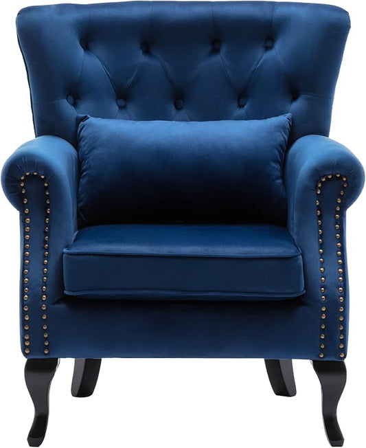 chairus Mid-Century Modern Accent Chair Comfy Tufted Single Sofa Chair Wingback Armchair with Pillow for Club, Living Room, Bedroom - Velvet, Blue