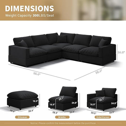 Modern Sectional Linen Couch for Living Room V-Shape Sofas,5 Seat Modular Cloud Sofas,Couches Cushion Covers Removable,Cozy Feather Down Sofa for Apartment Black