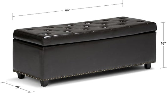 SIMPLIHOME Hamilton 48 inch Wide Transitional Rectangle Storage Ottoman in Coffee Brown Vegan Faux Leather, Assembled, For the Living Room, Entryway and Family Room