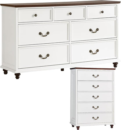Bedroom Dresser Sets, 54" Wide 7 Drawers Dresser and 45" Tall 5 Drawers Dresser, Wooden 2 Piece Bedroom Furniture Set, Chest of Drawer for Bedroom, Home, Living Room, Hallway, White
