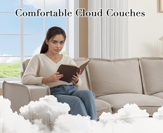 EALSON 119" Modular Sectional Sofa Modern Comfy 4-Seater Couch Sofa Linen Fabric Upholstered Cloud Couches with 24" Deep Seat and Wooden Legs for Bedroom/Living Room/Office, Oatmeal