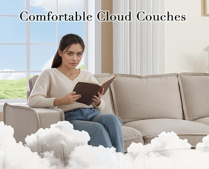 EALSON 119" Modular Sectional Sofa Modern Comfy 4-Seater Couch Sofa Linen Fabric Upholstered Cloud Couches with 24" Deep Seat and Wooden Legs for Bedroom/Living Room/Office, Oatmeal