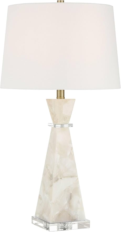 Possini Euro Design Marcy 28" Tall Modern Glam Table Lamp White Finish Alabaster Single Fabric White Shade Living Room Bedroom Bedside Nightstand House Office Home Reading Kitchen Entryway