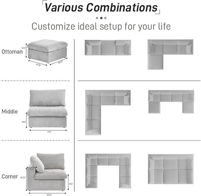 Cloud Couch Modular Sectional Sofa with Storage Ottoman,160.6" L Shaped Couch for Living Room,Down Filled 5 Seater Gray Convertible Sectional Sofas,Covers Washable&Replaceable
