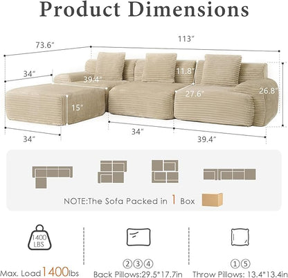 VK·LIVING 113" Cloud Sectional Couch, 61.6" Deep Seat Boneless Modular Sofa with Wide Armrests, Plush Corduroy Memory Foam Couch for Living Room, No Assembly, Sage Green