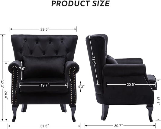 Accent Reading Arm Chairs for Living Room Bedroom, Midcentury Modern Comfy Corner Sofa Chair, Wingback Waiting Room Club Chair with Button Tufted Back &Lumbar Pillow, Velvet Black