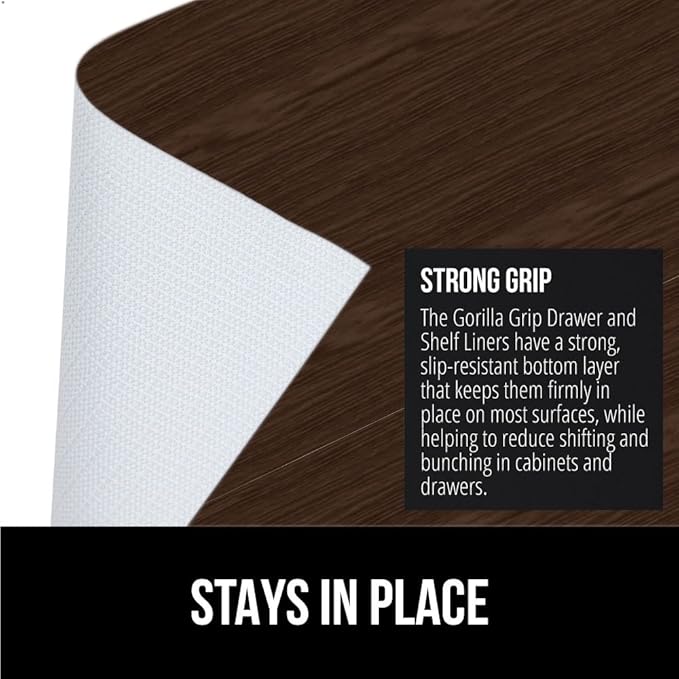 GORILLA GRIP DripGuard Shelf Liner, Non Adhesive Drawer and Kitchen Cabinet Protector, Slip Resistant BPA Free Smooth Surface Plastic Liners for Cabinets, Bathrooms, Closets, 17.5x120 Inch, Wood