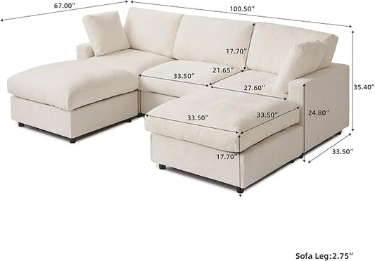 WJShome 100 Inch U Shaped Modern Sofa Modular Sectional Cloud Couch with 2 Ottoman, 4-Seat Chenille Deep Seat Couches for Living Room, Bedroom and Apartment，Beige