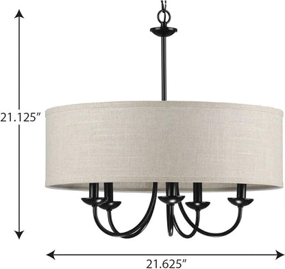 Progress Lighting Drum Shade Collection Five-Light Chandelier, Farmhouse Style Hanging Ceiling Light Fixture for Dining Rooms, Foyers, Harvest Linen Shade, Matte Black