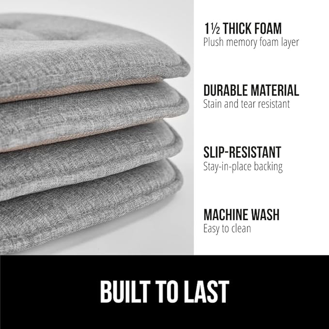 GORILLA GRIP Slip Resistant Tufted Chair Cushions, No Ties Required, Memory Foam Pads for Dining Room Kitchen Table, Office, Rocking Chairs, Plush Seat Cushion Pad, Home Decor, Set of 4, 16x17, Gray