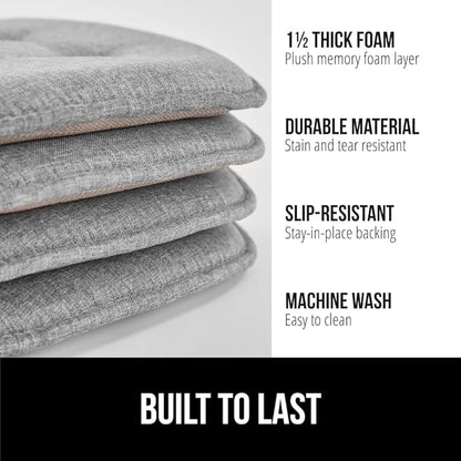 GORILLA GRIP Slip Resistant Tufted Chair Cushions, No Ties Required, Memory Foam Pads for Dining Room Kitchen Table, Office, Rocking Chairs, Plush Seat Cushion Pad, Home Decor, Set of 4, 16x17, Gray