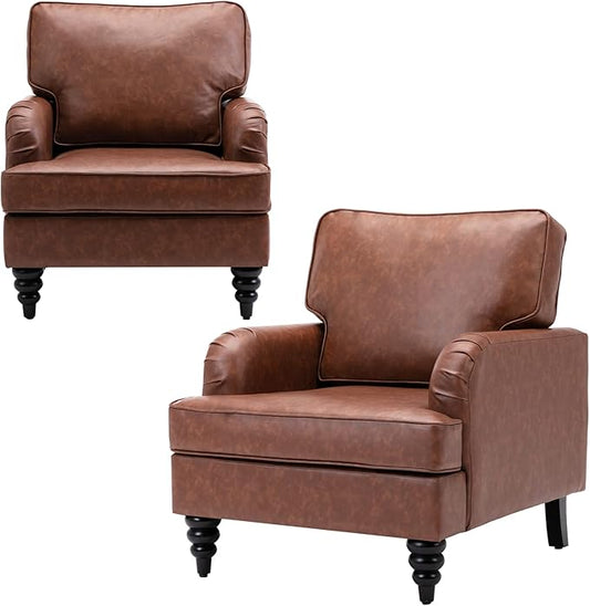 PU Leather Upholstered Accent Chairs Set of 2 Modern Single Sofa Chair with Thick Removable Back Cushion and Black Printed Legs Armchairs for Living Room/Bedroom/Reading Room, Brown