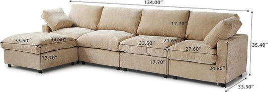 WJShome L Shaped Sectional Couch 134 Inch 4-Seater Modern Modular Sofa with Ottoman,Chenille Deep Seat Couches for Living Room, Bedroom and Apartment，Khaki