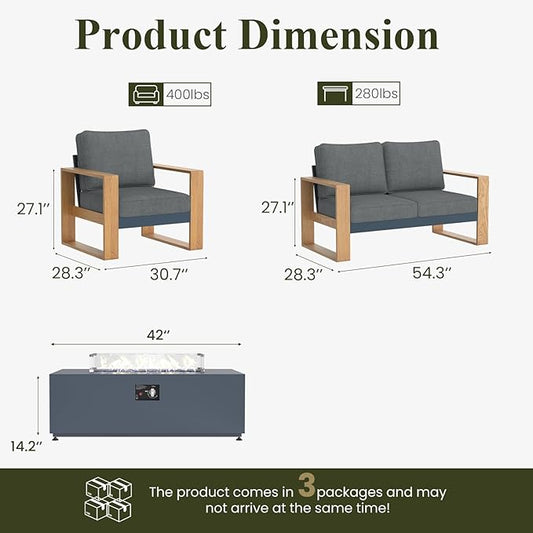 LayinSun 4 Pieces Aluminum Patio Furniture Set with Fire Pit Table, Oversized Seat with Hight Back, Outdoor Conversation Sets for Porch, Balcony, Deck