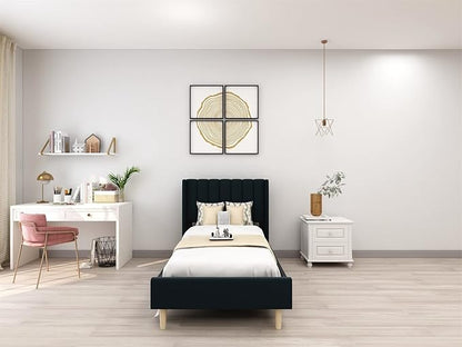 Low Profile Upholstered Platform Bed,Twin Beds with Black(Linen)