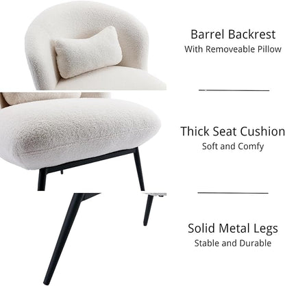 HEAH-YO Modern Accent Chair Set of 1, Upholstered Sherpa Side Chair with Barrel Backrest and Metal Legs, Comfy Armless Chair for Living Room Bedroom, White