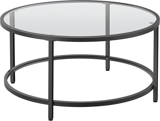 Yaheetech 36" Round Glass Coffee Table, Black Circle Coffee Table Center Table with Glass Top, Small Coffee Table for Living Room, Office & Apartment