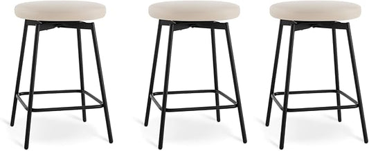 Swivel Bar Stools Set of 3, 24" Counter Height Bar Stool, Backless Barstools with Faux Leather Upholstered Seat&Sturdy Wood Legs for Kitchen Island, Beige