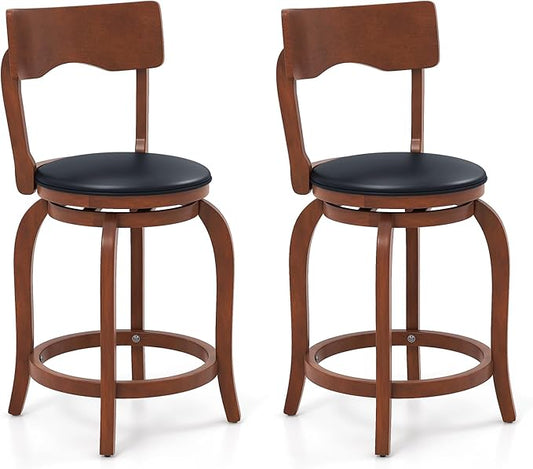 COSTWAY Bar Stools Set of 2, 24 Inch Swivel Counter Height Chairs with Rubber Wood Frame, Upholstered Seat, High Back Barstools for Kitchen Island, Home Bar, Pub, Brown (2, Seat Height: 24”)