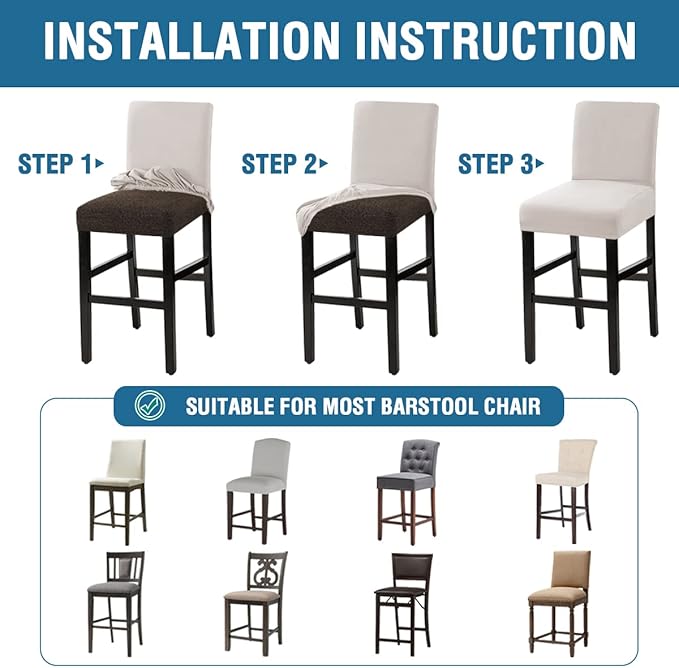 H.VERSAILTEX 100% Waterproof Bar Stool Cover Stretch Counter Stool Pub Chair Slipcover for Dining Room Removable Soft Thick Solid Fleece Fabric Bar Stool Slipcovers Set of 4, Ivory