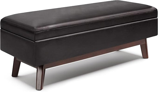 SIMPLIHOME Owen 48 inch Wide Mid Century Modern Rectangle Rectangular Storage Ottoman in Tanners Brown Vegan Faux Leather, Assembled, for the Living Room, Entryway and Family Room