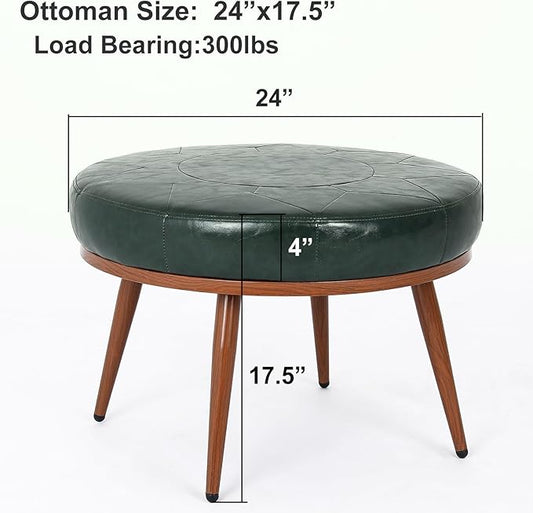 Round Ottoman Coffee Table, 24-Inch Faux Leather Cushioned Footstool with Solid Wood Bookshelf & Frame, Multifunctional Storage Ottoman for Living Room, Bedroom (Green)