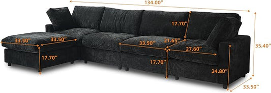 WJShome L Shaped Sectional Couch 134 Inch 4-Seater Modern Modular Sofa with Ottoman,Chenille Deep Seat Couches for Living Room, Bedroom and Apartment，Black