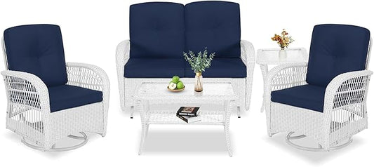 VIVIJASON 5-Piece Outdoor Patio White Wicker Conversation Sets, All Weather Outdoor Rattan Furniture Set Includes Glider Loveseat, 2 Coffee Table, 2 Swivel-Gliders Chairs with Cushions, Navy Blue