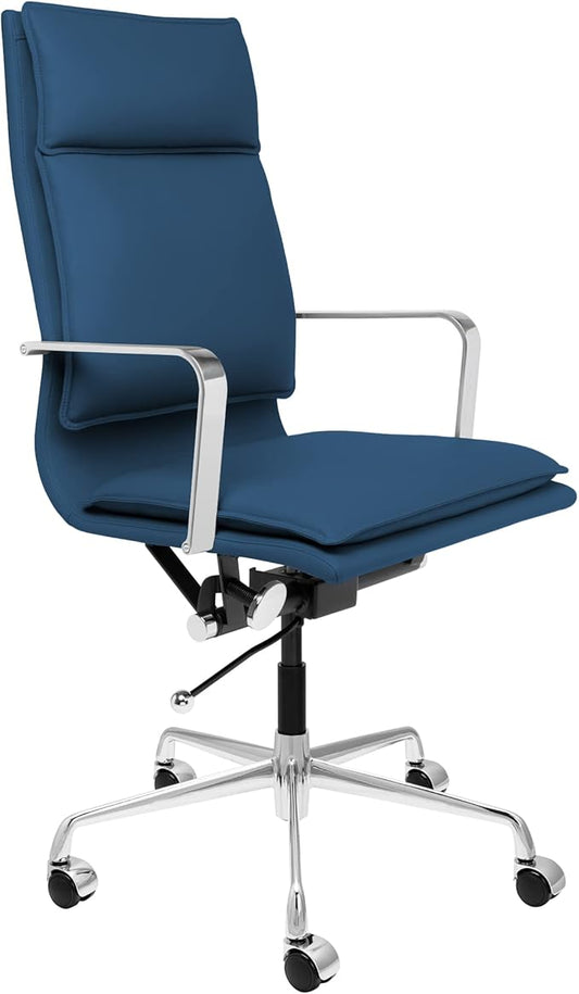 Laura Davidson Furniture Lexi II Padded Office Chair - Tall Back Desk Chair with Aluminum Arm Rest, Swivel & Cushion Availability, Made of Faux Leather, Blue, Computer Chair