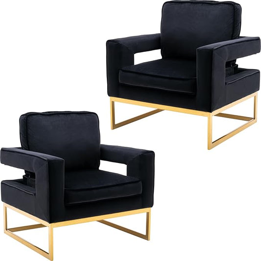 Modern Accent Chair Set of 2, Velvet Upholstered Side Chair with Backrest, Comfy Armchair Side Chair with Golden Metal Base for Living Room Reception Room, Black